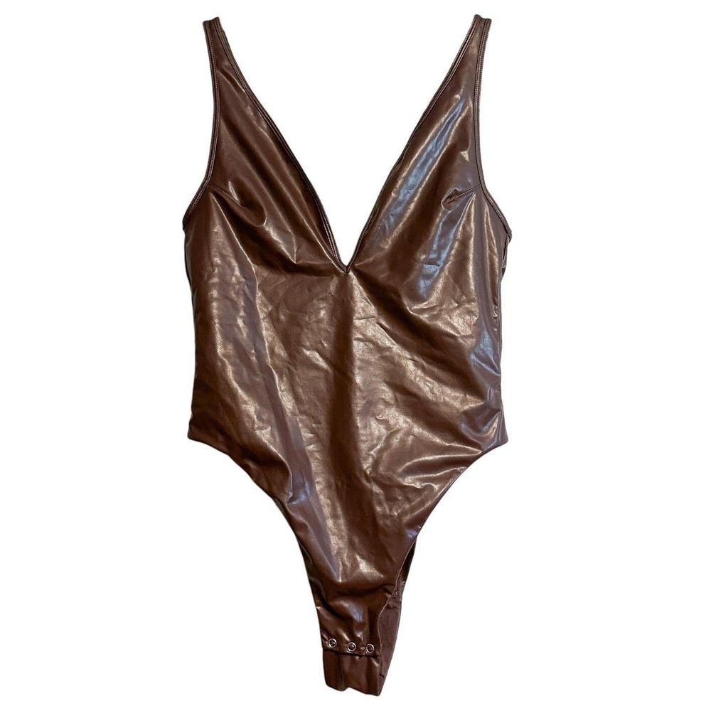 Honey Birdette Emily Faux Leather Bodysuit Deep Mahogany Brown Size XS NWT